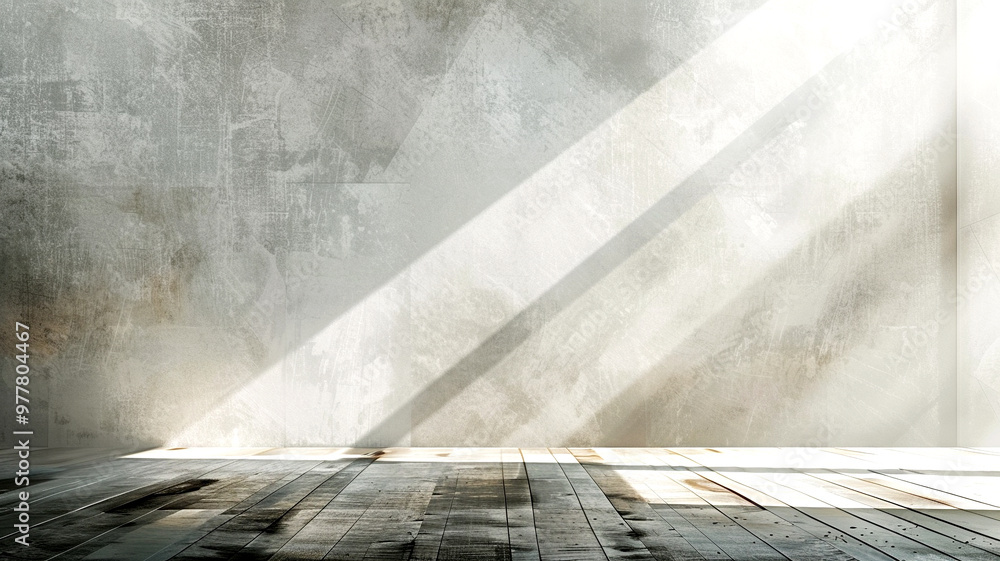 Poster soft sunlight streams through an empty room highlighting textured concrete walls