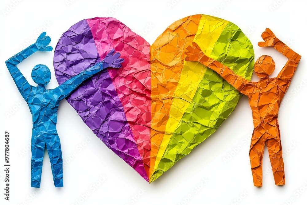 Poster multicolored crumpled heart with paper cut figures symbolizing diversity unity and love through a cr