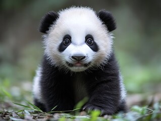Obraz premium Adorable Giant Panda Cub Exploring Nature in Its Natural Habitat with Curious Expression