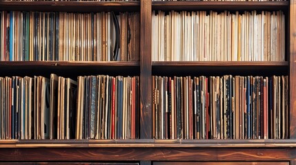 Vintage Vinyl Record Collection Stored in Old Cardboard Sleeves on Wooden Shelves