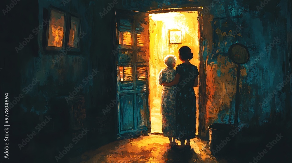 Poster painting of a woman standing in a doorway with a light coming through