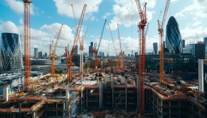 Fototapeta premium Dynamic construction scene featuring numerous tower cranes amidst ongoing development activities