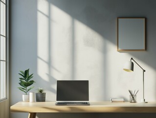 Fototapeta premium Minimalist workspace with laptop and natural light