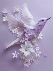 Fototapeta premium A delicate bird surrounded by soft flowers, embodying tranquility and nature's beauty in pastel hues.