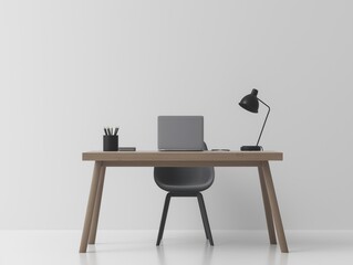Minimalist workspace with wooden desk and black chair