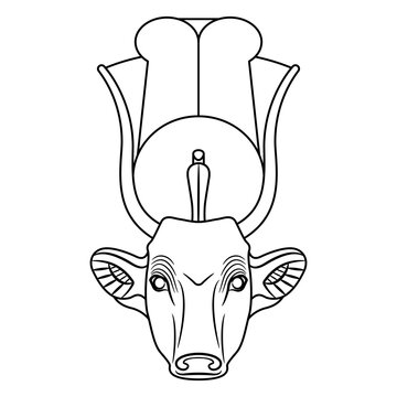 recommend clip art: Head of sacred cow. Ancient Egyptian mythology. Goddess Hathor or Hesat. Black and white linear silhouette.