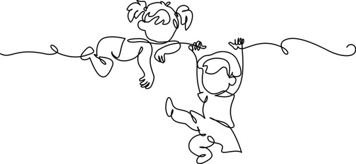 Little girls playing on branch of tree. Continuous One line drawing