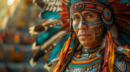 Fototapeta premium An Aztec Eagle Warrior with traditional attire standing proudly