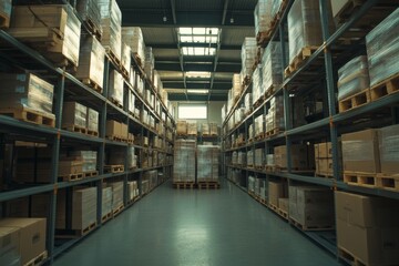 Interior view of a modern logistics warehouse featuring organized shelves and storage pallets
