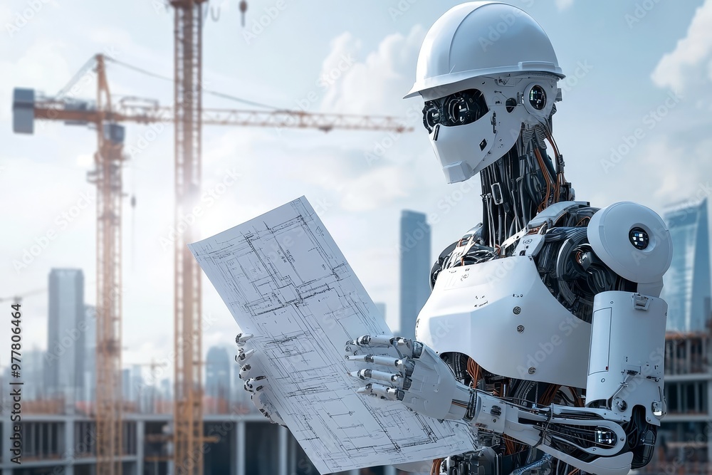 Poster robot foreman engineer with construction drawings at a tower crane site ai technology in action