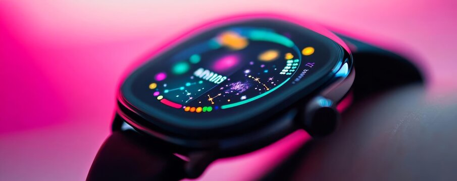 Close-up of a horoscope app widget on a smartwatch, efficient and trendy