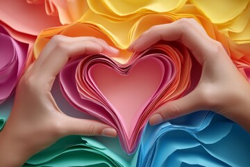 Hands forming a heart around a colorful layered design symbolizing love care and connection in a vibrant and abstract artistic representation of emotional bonds
