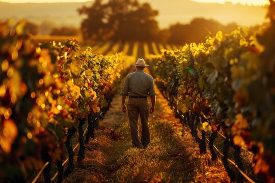 Man walking through a vineyard with a hat on