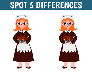 Pilgrim with roast turkey in cartoon style. Find 5 differences. Thanksgiving educational matching animal game for children. Printable worksheet with solution for school and preschool.