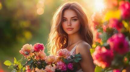 Naklejka premium A beautiful woman stands in a garden, surrounded by vibrant flowers, radiating joy and serenity in the golden sunlight.