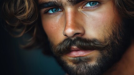 A close-up portrait of a bearded man with piercing blue eyes and styled facial hair, giving a rugged yet attractive and captivating appearance