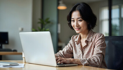 Young Asian Woman Working on Laptop at Desk in Patterned Blouse 