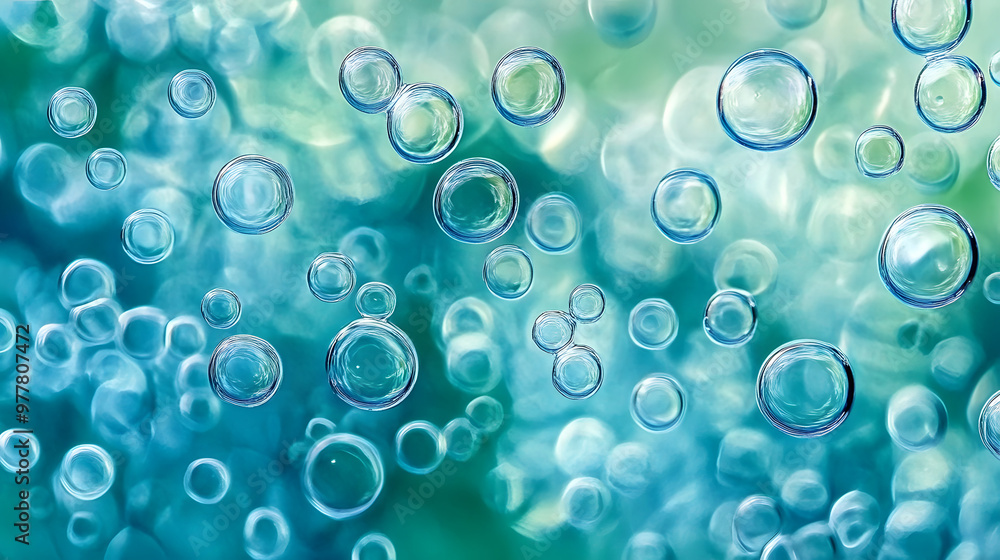 Aufkleber a minimalist design featuring s of tiny bubbles in cool tones of blue and green. the bubbles are arr