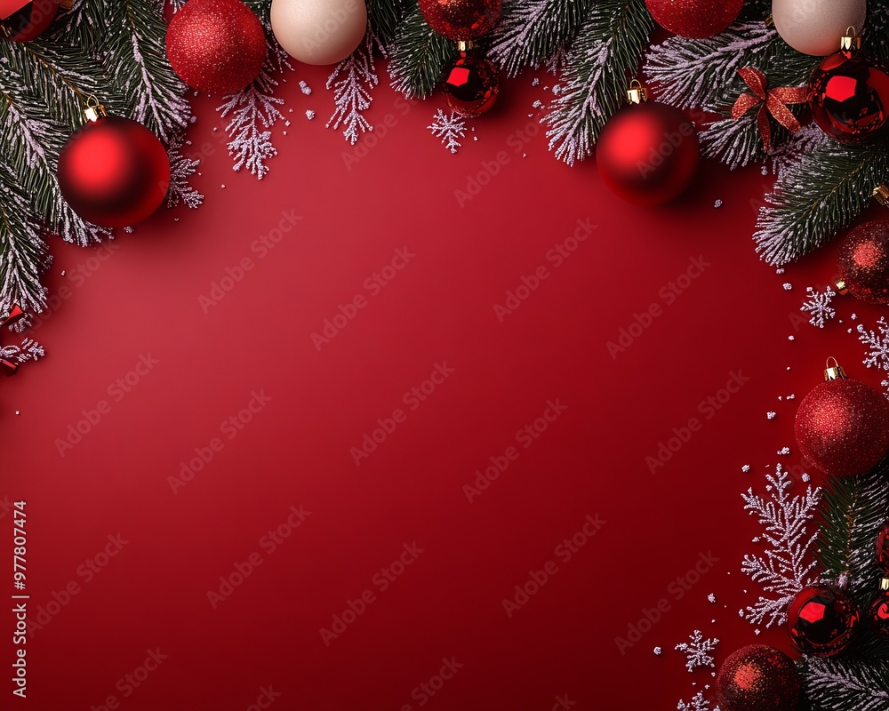 Wall mural Christmas red background with Christmas balls and decorations