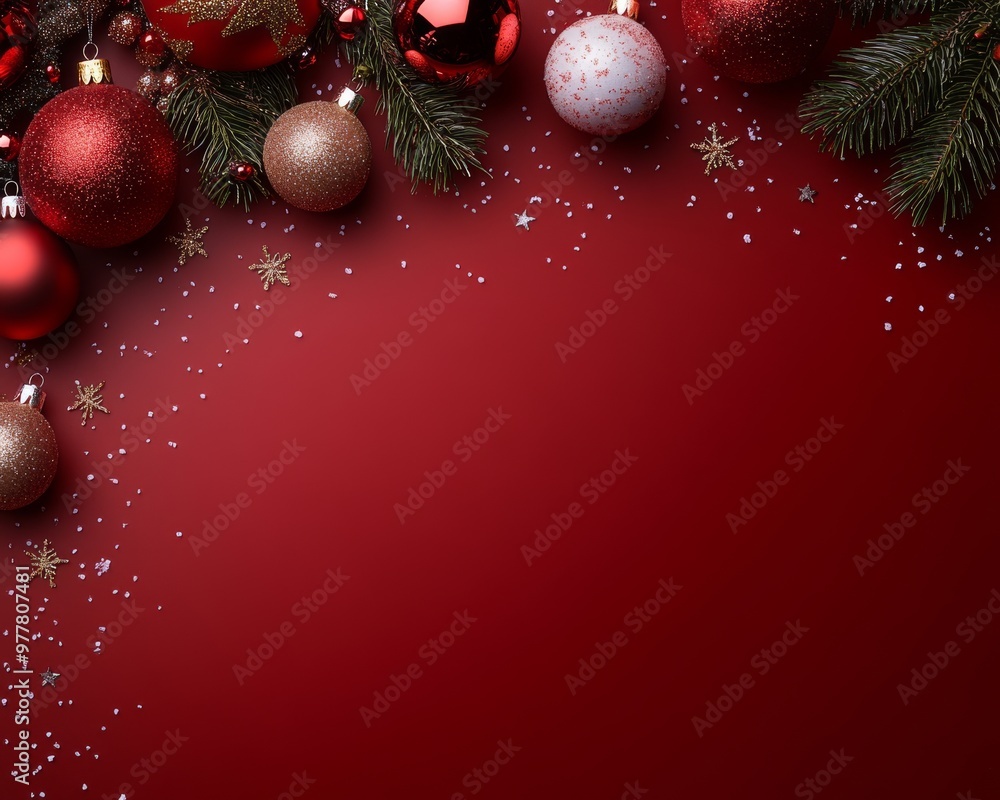 Wall mural Christmas red background with Christmas balls and decorations