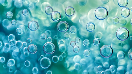 A minimalist design featuring s of tiny bubbles in cool tones of blue and green. The bubbles are arranged in an asymmetrical pattern giving a modern and artistic twist to the cellula