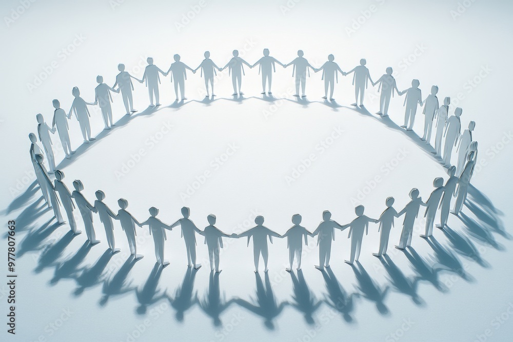 Poster circle of paper cut figures around a glowing heart symbolizing unity love and shared strength in a m
