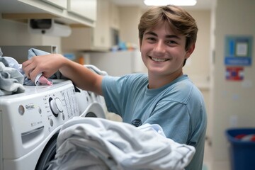 young man smiling as he loads clothes into washing machine in kitchen.