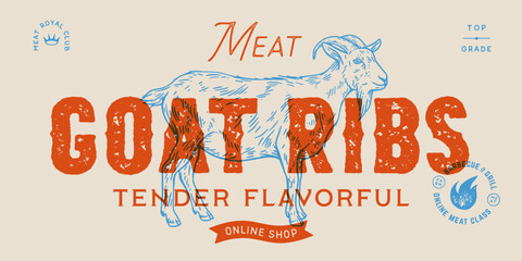 Goat. Label template, tag. Vintage print, black white goat drawing, sketch ink pencil draw, engrave old school style. Sketch artwork silhouette goat. Label, meat tag template. Vector Illustration