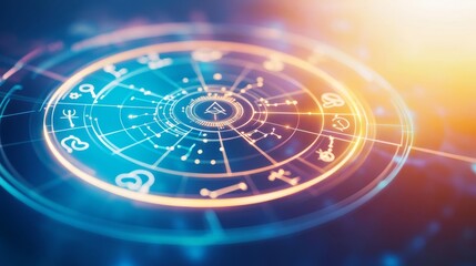 Digital horoscope wheel with today's predictions highlighted, interactive and modern