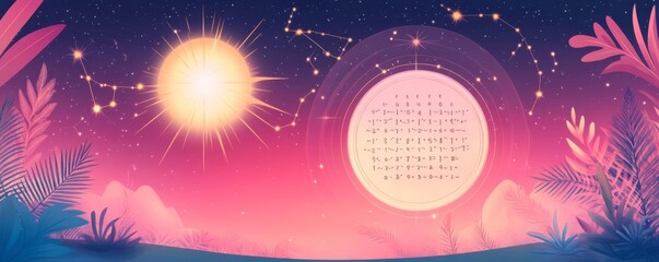 Illustration of a celestial diary with daily horoscope entries, mystical and beautiful