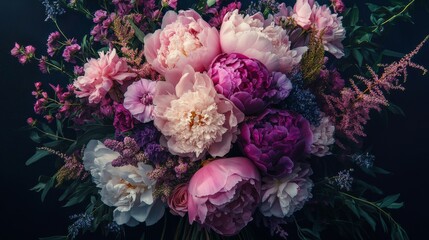 Obraz premium lush dark bouquet made of pink, purple and white flowers, floral arrangement with peony, rose and wildflowers, center design element or motif for cards, wedding stationery, covers, posters, packaging 