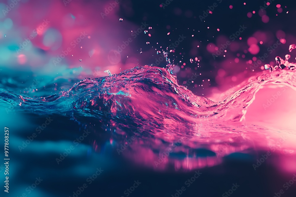 Poster Abstract water splash with pink and blue neon light,  macro photography. Concept,  energy, motion, liquid