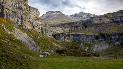Autumn landscape in the Ordesa y Monte Perdido national park in the Pyrenees, in Huesca, Aragon, Spain, with high mountains
