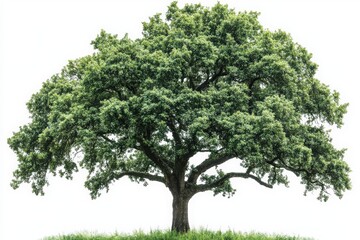 A majestic green tree stands alone, showcasing its full canopy, symbolizing nature's beauty and strength.