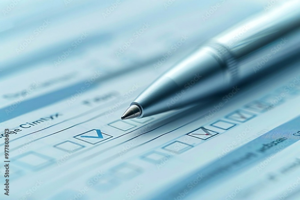 Poster Close-up of a silver pen hovering over filled checkboxes on a form, representing completing a survey or exam.