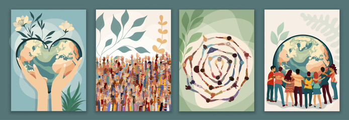 Poster template with group of people of diverse culture in a circle holding hands together and cooperating for an eco and clean environment and earth.Community. Environmental Protection