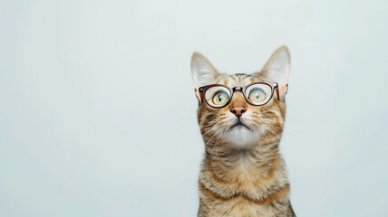 Adorable tabby cat wearing round glasses, looking up with a curious gaze. Isolated on a light background with copy space, ideal for playful and creative promotional content