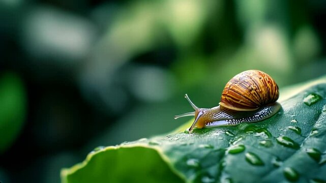 A detailed close-up of a snail on a large leaf. The texture of the snail's shell and the veins of the leaf are captured in a complex natural environment.