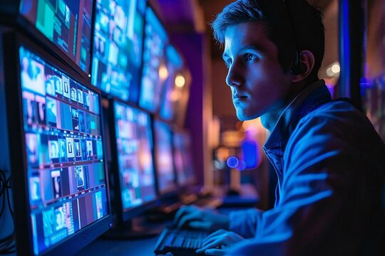 young male operator carefully monitoring multiple camera footage on computers in a security control room.