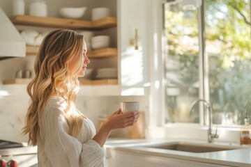 A serene woman enjoys her morning coffee in a bright kitchen, basking in natural light and warmth.