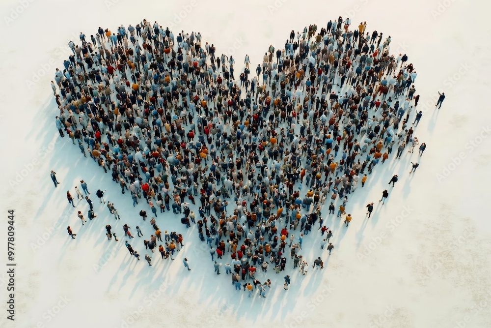 Poster aerial view of a large group forming a heart in a snowy landscape symbolizing unity love and collect
