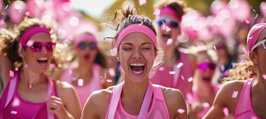 Energetic Women in Pink Finishing Pink Ribbon Day Charity Race Amid Cheering Supporters and Confetti