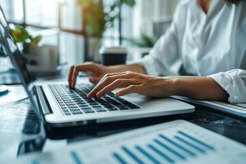 close-up shot of a businessperson managing online banking on their laptop in a modern office setting. The image showcases the process of checking balances, making transactions