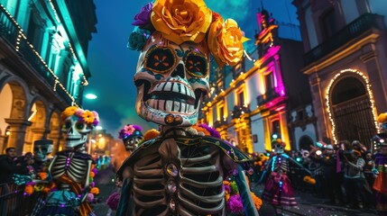 Day of the Dead Parade in Mexico City Dusk with Colorful Floats, Costumes, and Skull Face Paint