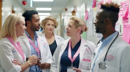 Fototapeta premium Medical Team Promoting Breast Cancer Awareness in Hospital Hallway with Pink Ribbons