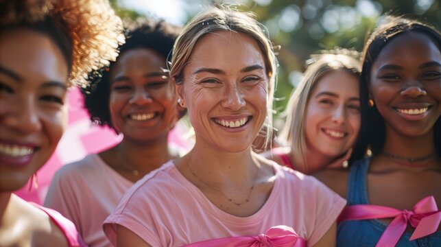 Diverse Women in Pink Ribbons Smiling Together for Breast Cancer Awareness in a Park Setting