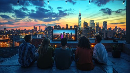Fototapeta premium Friends Enjoying a Rooftop Video Call at Twilight with Stunning Urban Skyline Backdrop