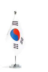 Flag South Korea on stand, highlighted on white background.