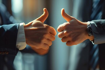 Two businesspeople holding their hands up close together, one showing a thumbs up sign and the other showing a thumbs down sign. The image represents feedback, advice, and disagreement