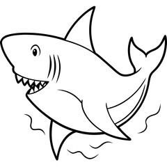 Shark swimming with its dorsal fin breaking the water, sharp teeth visible vector